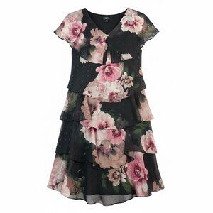 NEW SLNY  Womens 12 Floral Tiered Black Pink Ruffle Dress Gold Accents Elegant